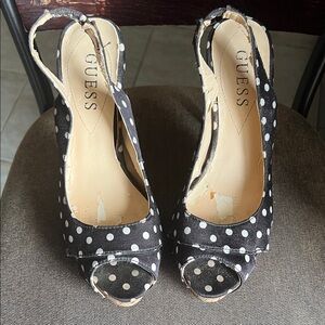 Guess Black and White Polka Dot Peep-Toe Slingback Wood Heels